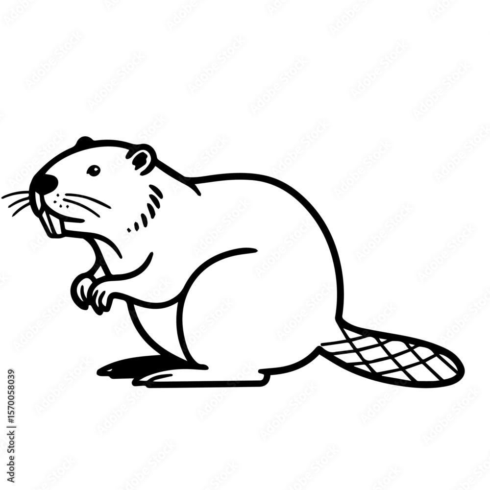 Fototapeta premium Side view of a beaver on white background showing details of its fur and tail. Detailed beaver drawing shows distinctive features. Use this adorable beaver image to illustrate your projects.