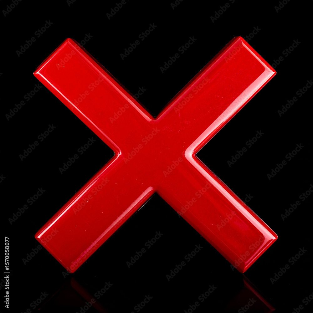 Fototapeta premium Shiny red cross mark isolated on black backdrop. Disapproval, error, mistake or cancellation concept