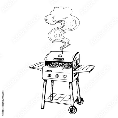 Hand drawn grill with smoke rising from a barbecue, drawn grill equipment. Sketch drawn grill perfect for summer celebration promotions and invitations.