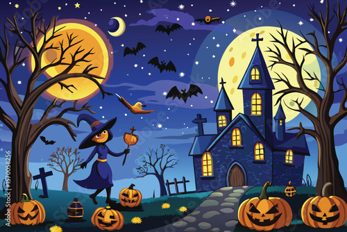 Spooky Halloween night vector illustration with a haunted house, scary trees, and a full moon illuminating pumpkin and bat silhouettes for an autumn holiday celebration