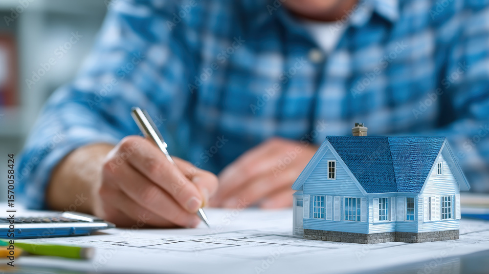 Fototapeta premium Person in blue plaid shirt is sketching architectural plans on table, with small blue model house placed in front. scene conveys creativity and focus in home design