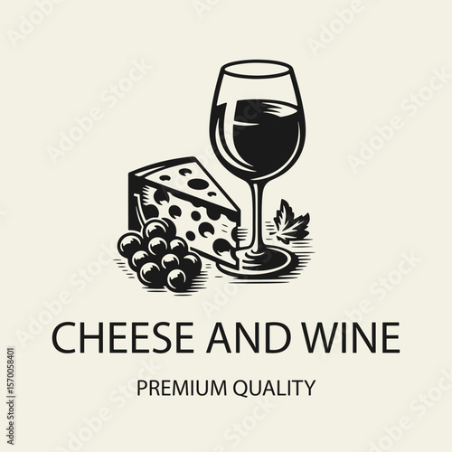 Black and white flat vector logo featuring a piece of cheese and a wine glass. Minimalist design perfect for wine shops, cheese labels, restaurants, and gourmet branding.