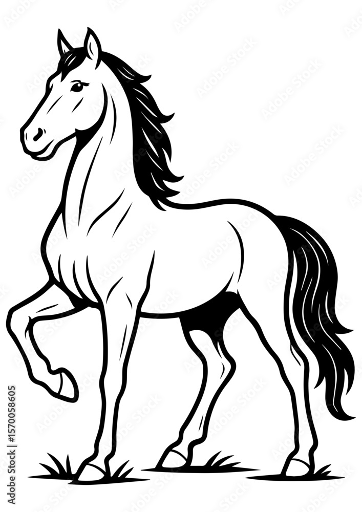 Black and white vector of a proud standing horse in full height. Perfect for engraving, tattoo, print, coloring page, and creative projects Black and white vector of a proud standing horse in full height. Perfect for engraving, tattoo, print, coloring page, and creative projects