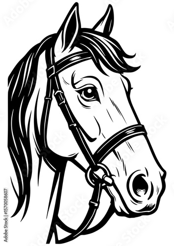Black and white vector portrait of a beautiful harnessed horse. Ideal for engraving, tattoo, print, coloring page, and creative projects