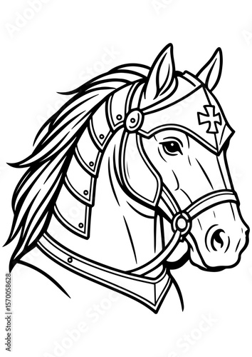 Black and white vector portrait of a beautiful horse with light mane wearing knight armor. Perfect for engraving, tattoo, print, and creative projects