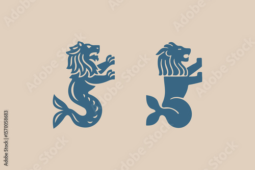 Heraldic sea lions flat silhouette emblem logo vector illustration