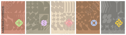Contemporary art bold minimalistic poster, Abstract postmodern composition with geometric shape in brutalism aesthetics, distortion geometrical contrast ornament, flat avant-garde A4 artwork set 3