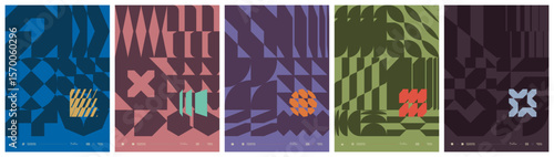 Contemporary art bold minimalistic poster, Abstract postmodern composition with geometric shape in brutalism aesthetics, distortion geometrical contrast ornament, flat avant-garde A4 artwork set 2