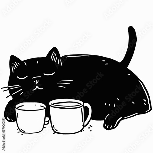 Cozy black cat sleeping beside coffee cups