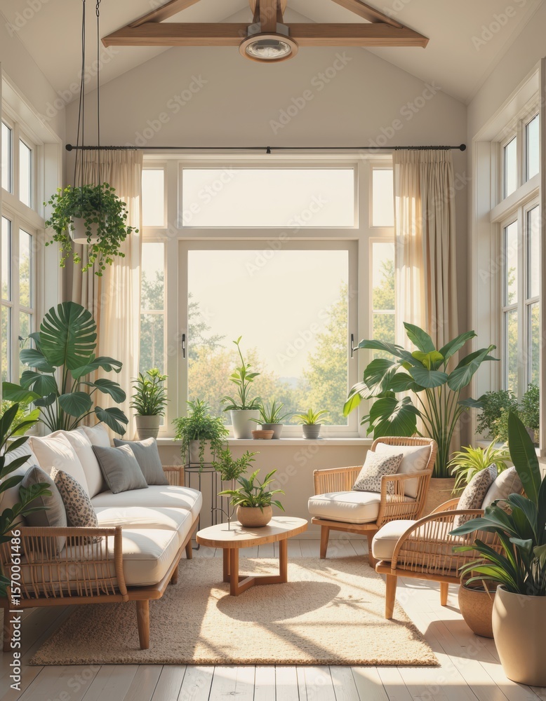 Fototapeta premium Bright sunroom filled with lush plants and cozy seating for relaxation
