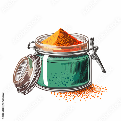 chalk-dust exfoliating scrub jar icon with micro-particles and stroked texture details