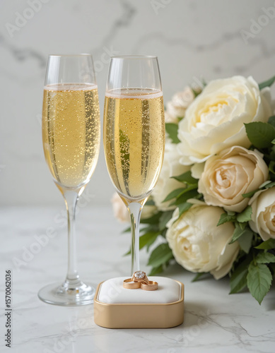 Realistic illustration of two golden champagne glasses, ring box, and white peony bouquet on white background. Elegant wedding celebration scene