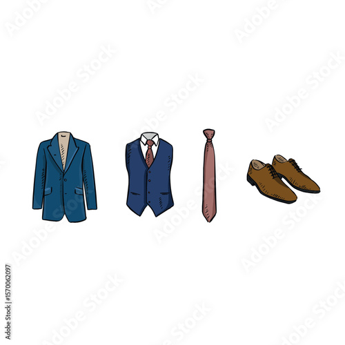 Mens clothing; jacket, waistcoat, tie and shoes