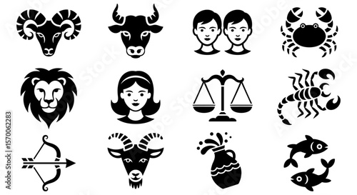 Twelve zodiac signs including Aries, Taurus, Gemini, Cancer, Leo, Virgo, Libra, Scorpio, Sagittarius, Capricorn, Aquarius, and Pisces, black silhouette vector icons