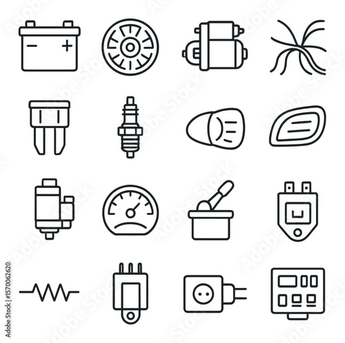 Car electrical icon collection, auto components symbols. vehicle and automotive parts set