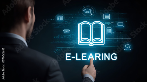 E-learning Platform: Businessman touching virtual screen with e-learning text and icon of book for online education.