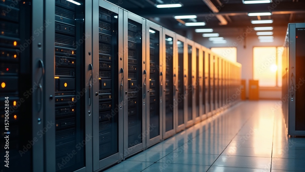 Obraz premium Data center server racks with sunset lighting, symbolizing technology and data storage