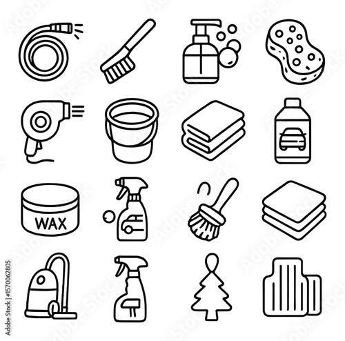 Car wash essentials collection, vehicle cleaning icons. auto care and maintenance set