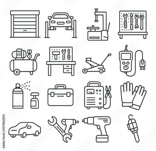 Garage equipment collection, auto repair tools. mechanic maintenance kit set