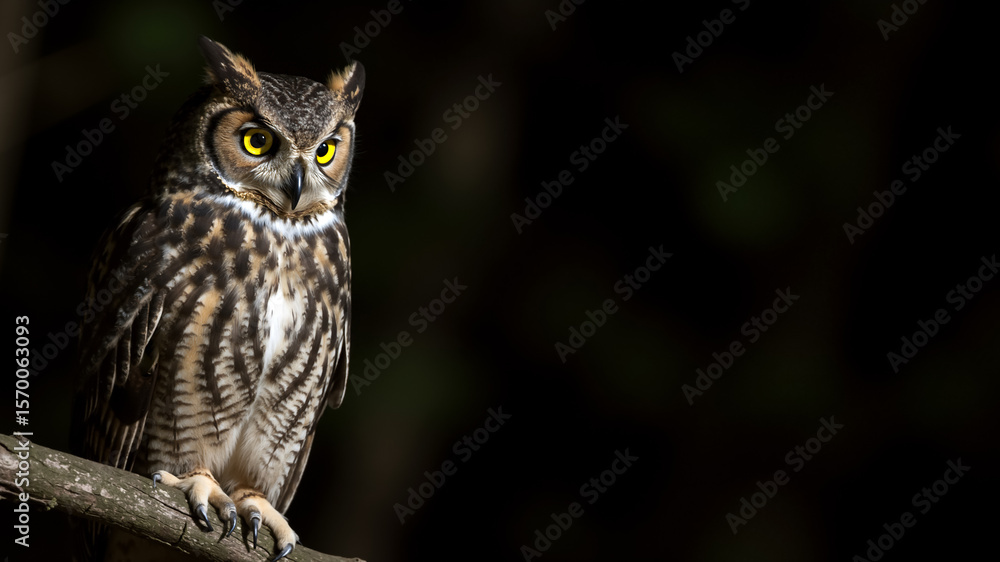 Obraz premium Great horned owl perched on a branch in the dark. A nocturnal bird of prey with bright yellow eyes. Banner with copy space for text.