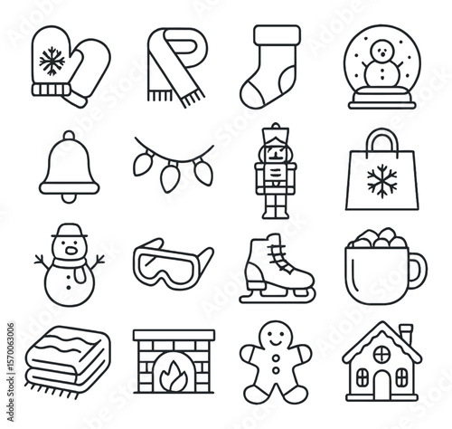 Winter holiday icon collection, seasonal solstice set. festive and cozy design symbols