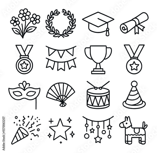 Graduation celebration collection, ceremony and festivity icons. academic achievement set
