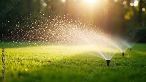 Lawn sprinklers spraying water over lush green grass under warm sunlight, illustrating garden irrigation and lawn care