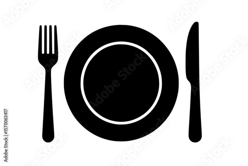 Silhouette of Cutlery and Plate, Black Color Isolated on White Background