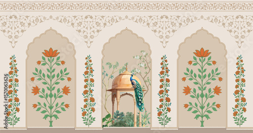 
Traditional Mughal garden wallpaper with flower wall design. Mughal Wall Mural Wallpaper for interior design.