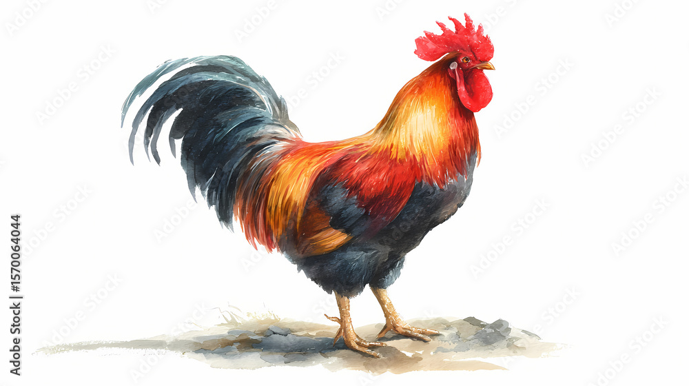 Fototapeta premium Proud Rooster Standing Tall – Whimsical Watercolor Barnyard Scene
