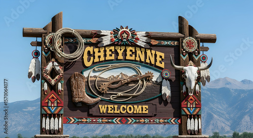 Cheyenne Wyoming Artistic Welcome Sign With Western And Native American Elements