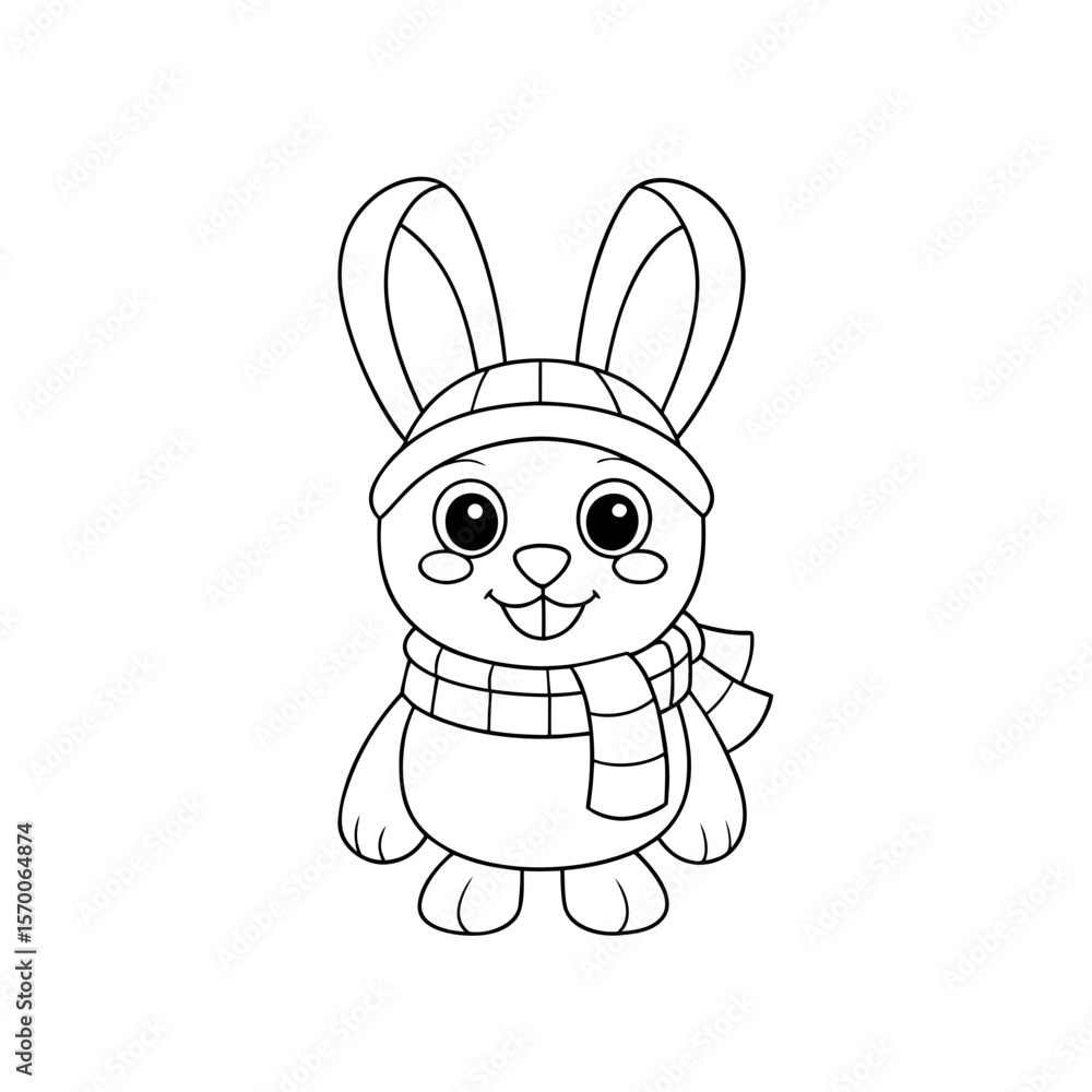 Fototapeta premium Printable Cheerful Bunny Wearing Scarf Outline Drawing