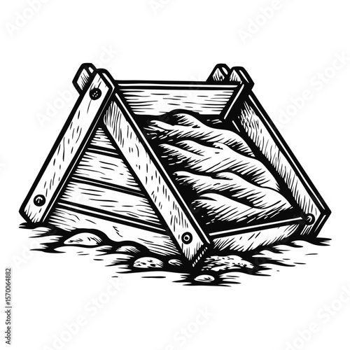 Compost pile displays organic matter in wooden container, illustrating decomposition process. Detailed compost pile showcases layering of materials and aeration.