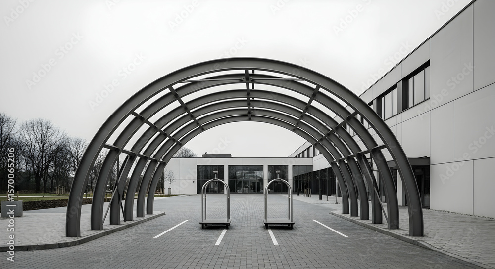 Obraz premium Architectural Elegance An Entryway Of Modern Hotel With Luggage Carts