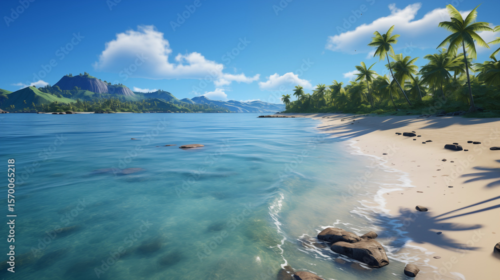 Fototapeta premium Clear tropical waters and palm-covered island under blue sky.