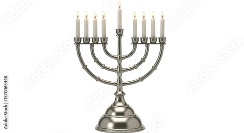 Isolated Silver Menorah with Lit Candles