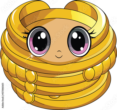 Layered gold bangles with kawaii faces and soft blush, cute fashion jewelry vector on white background
