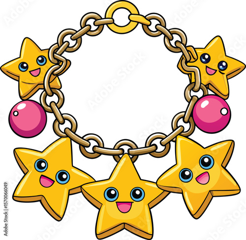 Cute charm bracelet with dangling stars and smiling face, kawaii cartoon jewelry vector on white background