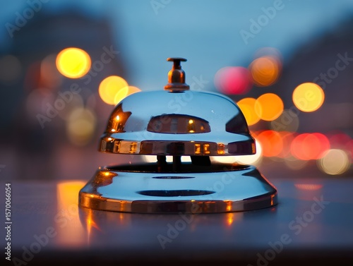 Stock photo of a shiny silver hotel service bell for assistance call at front desk