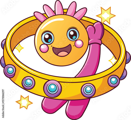 Kawaii tambourine character with smiling face, pink hands, and sparkles, cute cartoon music instrument on white background