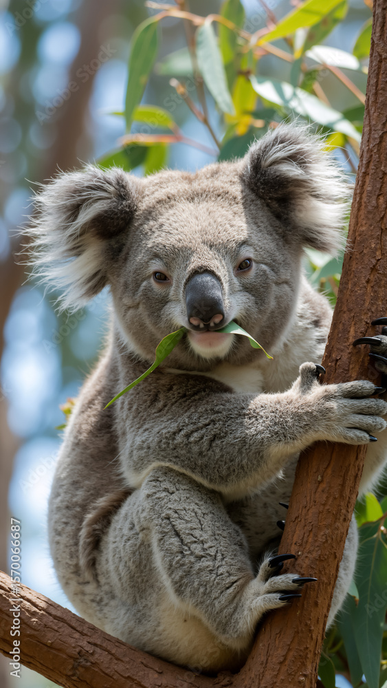 Naklejka premium Koala eating a eucalyptus leaf in a tree. Vertical portrait of a cute Australian marsupial.