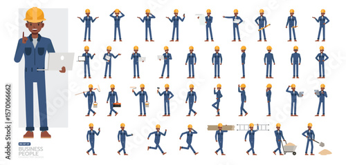 Big Set of Male worker wearing blue jumpsuit working character vector design. Man working and presentation in various action.