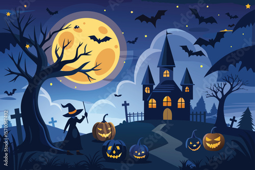 Spooky Halloween night with haunted house, moon, bats, and pumpkins vector illustration