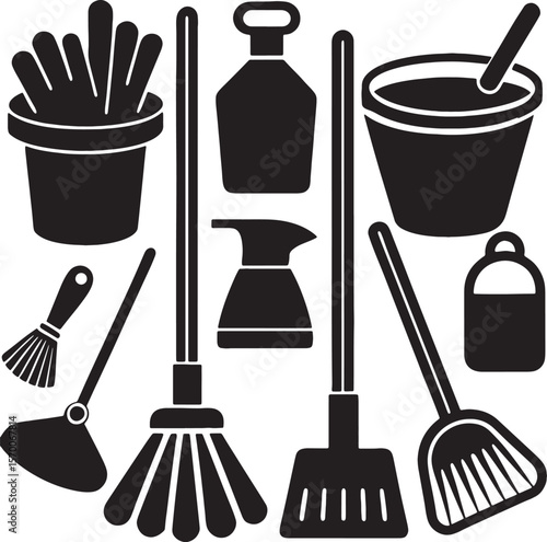 Collection of cleaning tools and supplies in silhouette icons vector on white background