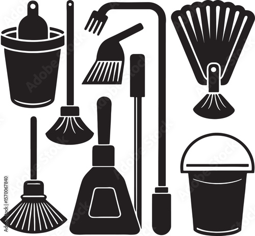 Collection of cleaning tools and supplies in silhouette icons vector on white background