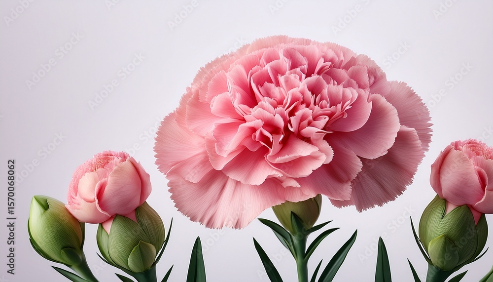 a pink carnation flower with green leaves and two flower buds a pink carnation flower with green leaves and two flower buds
