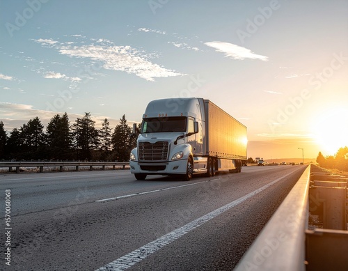 Long Haul Semi Truck Driving on Highway During Sunset