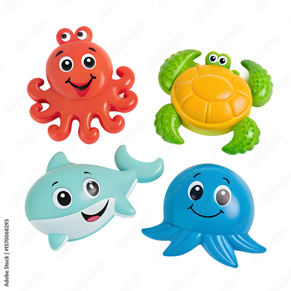 Fototapeta premium Cute cartoon sea creatures including octopus turtle shark and jellyfish isolated on transparent background