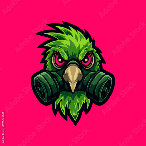 Esport logo featuring a fierce green parrot with a gas mask against a vibrant pink background