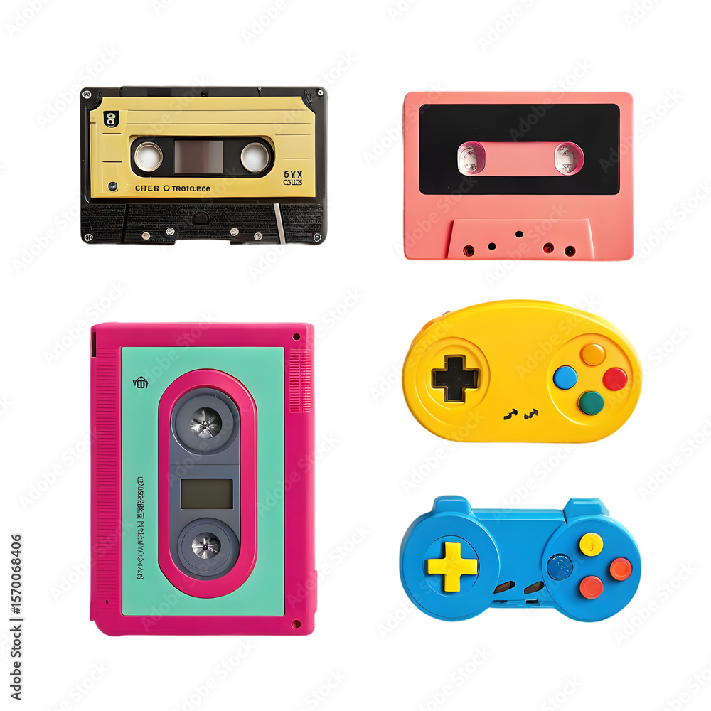 Obraz premium Retro gaming controllers and cassette tapes in vibrant colors isolated on transparent background